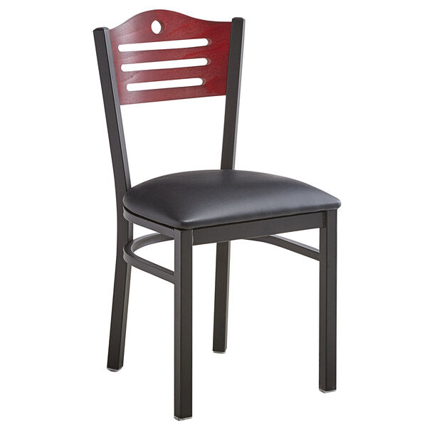 MAHOGANY SLOTTED WOOD BACK METAL RESTAURANT CHAIR - Optional Color Vinyl Seat #W164-PS