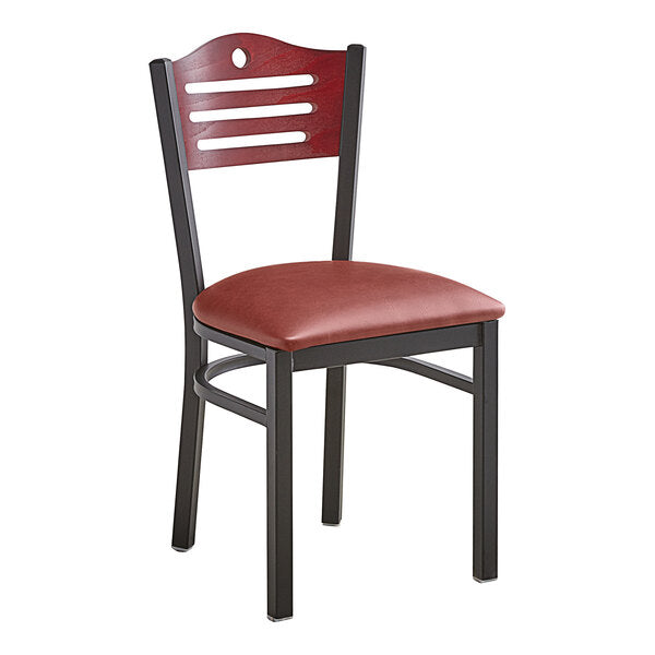 MAHOGANY SLOTTED WOOD BACK METAL RESTAURANT CHAIR - Optional Color Vinyl Seat #W164-PS