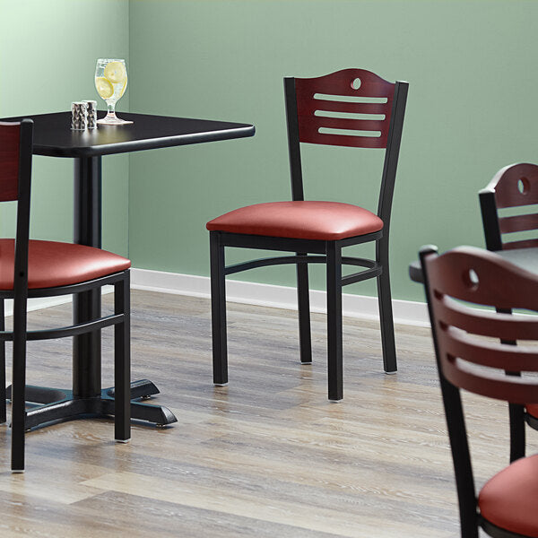 MAHOGANY SLOTTED WOOD BACK METAL RESTAURANT CHAIR - Optional Color Vinyl Seat #W164-PS