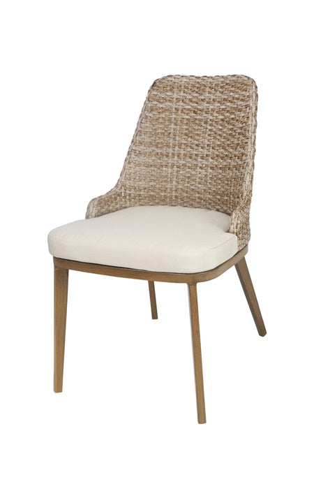 Outdoor Aluminum Chair In Wood Grain Finish with Wicker Woven Back & Ivory Seat E02