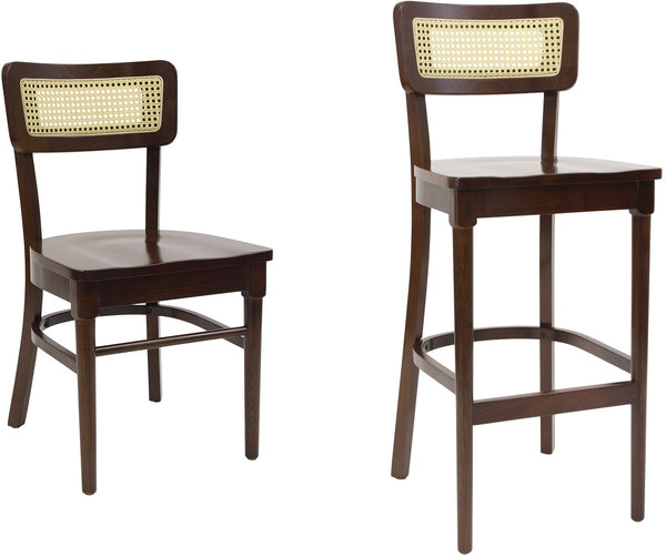 Cane Back Beechwood Restaurant Chair Shown with Solid Wood Seat in Walnut Finish #E-004