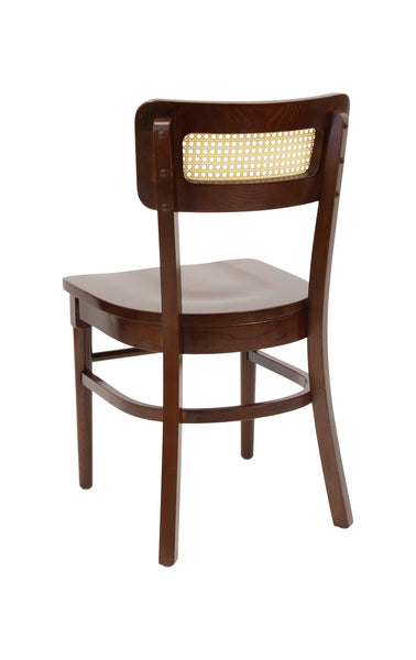 Cane Back Beechwood Restaurant Chair Shown with Solid Wood Seat in Walnut Finish #E-004