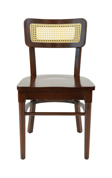 Cane Back Beechwood Restaurant Chair Shown with Solid Wood Seat in Walnut Finish #E-004
