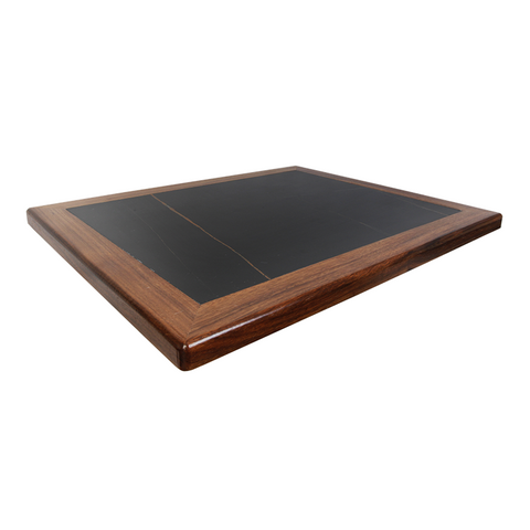 Black Sintered Stone Table Top w/ Walnut Wood Edge in Dark Walnut Color for Indoor Use, 1 1/4" Thick   #E36-06