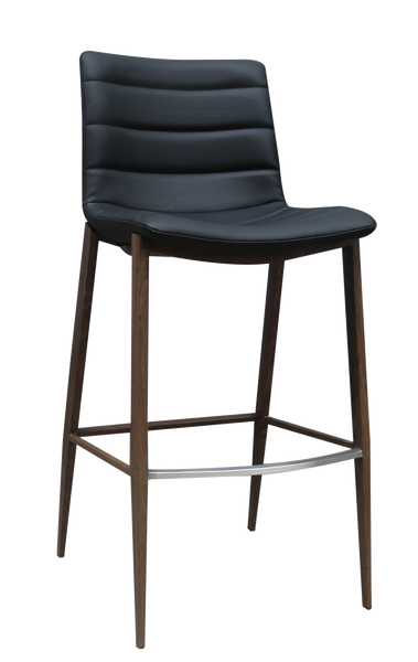 Indoor Metal Frame Bar Stool w/ Woodgrain Legs & Channeled Black Vinyl Seat
