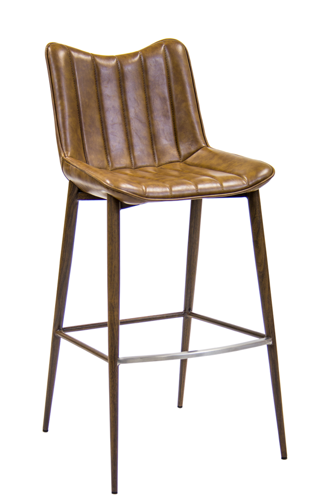 Indoor Metal Frame Bar Stool w/ Woodgrain Legs & Brown Channeled Bucket Seat