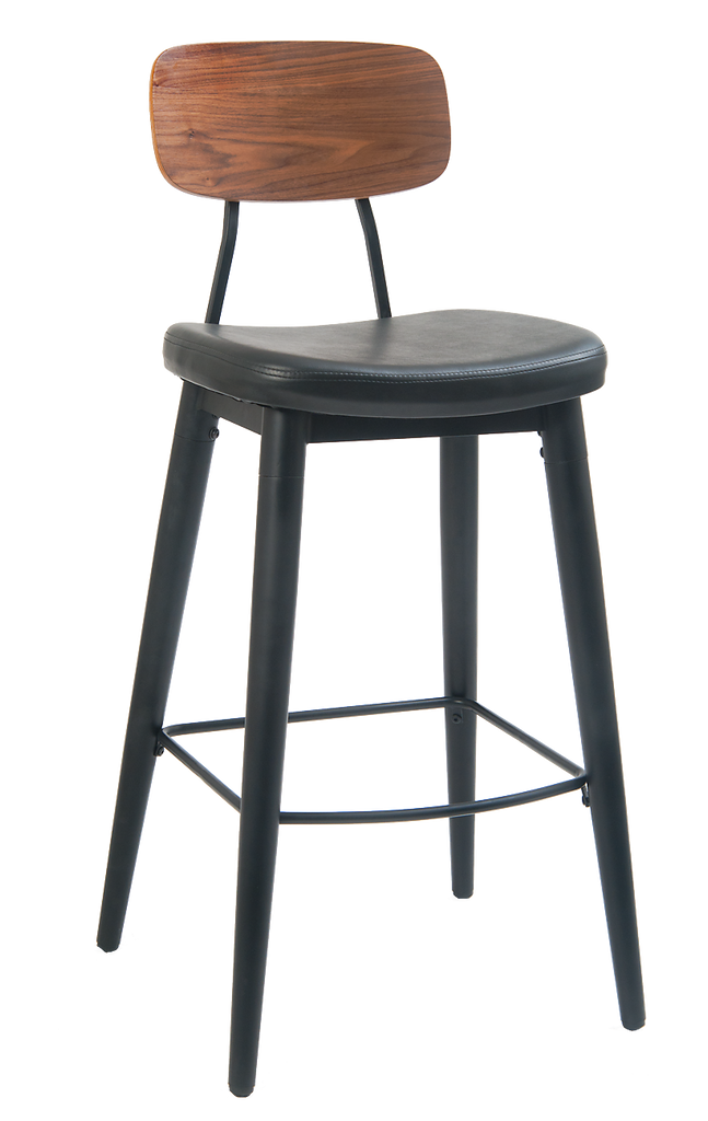 Black Metal Frame Bar Stool w/ Wood Back & Black Vinyl Seat