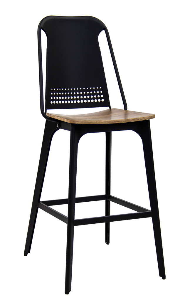 Indoor Black Metal Frame Bar Stool w/ Wood Seat and Vented Back