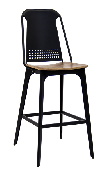 Indoor Black Metal Frame Bar Stool w/ Wood Seat and Vented Back