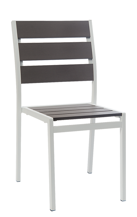Aluminum Outdoor Side Chair White Frame With Grey Teak Slats E-15