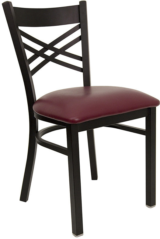 Cross Back Metal Restaurant Chair with Burgundy Vinyl Seat #F12-BUR - Restaurant Chairs Direct.COM