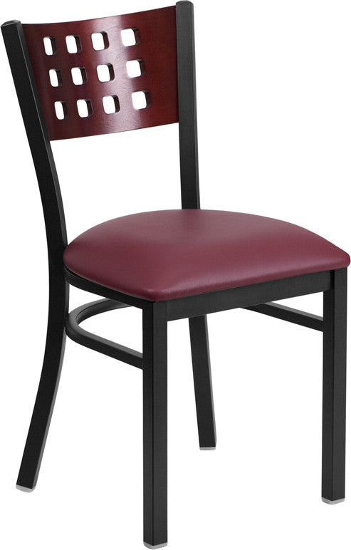 12 Square Metal Restaurant Chair - Mahogany Wood Back, Burgundy Padded Seat - Restaurant Chairs Direct.COM