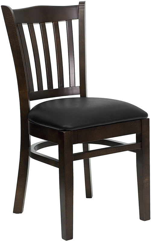 Vertical Slat Back Walnut Wood Restaurant Chair - Black Vinyl Seat F29WA-BL - Restaurant Chairs Direct.COM