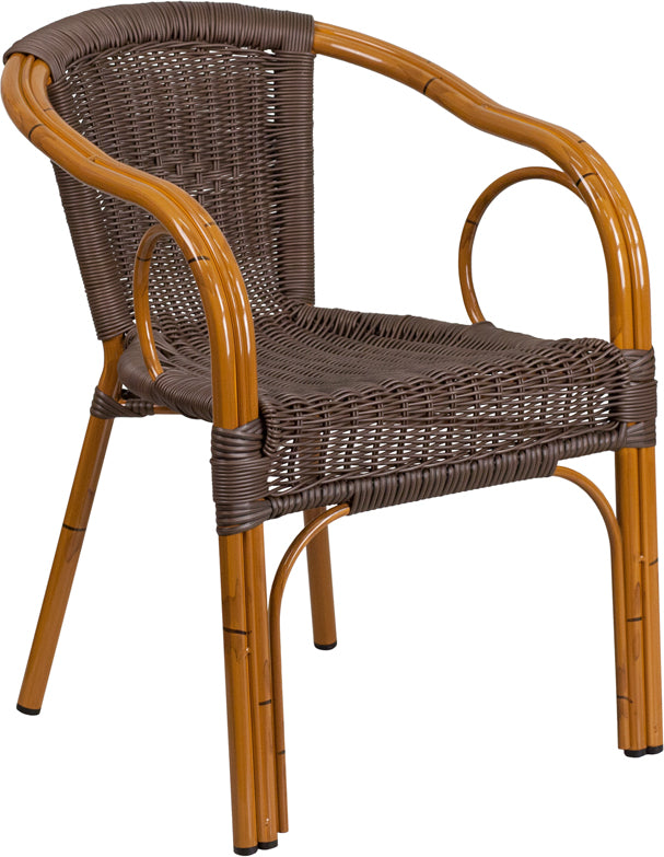 Dark Brown Rattan Restaurant Patio Chair with Red Bamboo-Aluminum Frame #FSD-9D2 - Restaurant Chairs Direct.COM