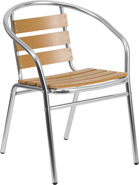 Commercial Aluminum Indoor-Outdoor Restaurant Stack Chair with Triple Slat Faux Teak Back #FTL-17 - Restaurant Chairs Direct.COM