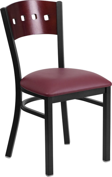 4 SQUARE BACK METAL RESTAURANT CHAIR - MAHOGANY WOOD BACK, BURGUNDY VINYL SEAT - Restaurant Chairs Direct.COM