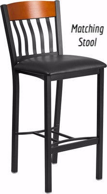 E SERIES VERTICAL BACK METAL AND CHERRY WOOD RESTAURANT CHAIR WITH BLACK VINYL SEAT - Restaurant Chairs Direct.COM