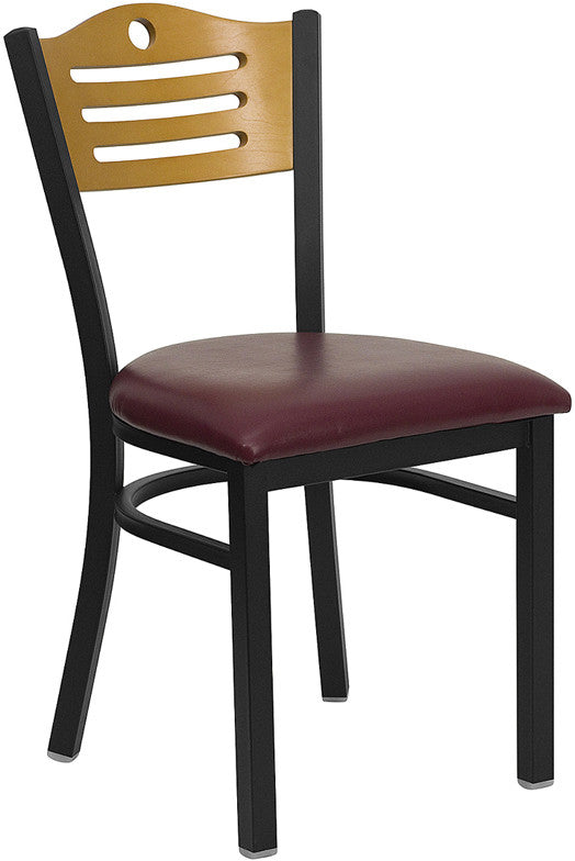 CROWN BACK METAL RESTAURANT CHAIR - NATURAL WOOD BACK, BURGUNDY VINYL SEAT - Restaurant Chairs Direct.COM