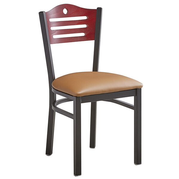 MAHOGANY SLOTTED WOOD BACK METAL RESTAURANT CHAIR - Optional Color Vinyl Seat #W164-PS