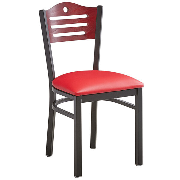 MAHOGANY SLOTTED WOOD BACK METAL RESTAURANT CHAIR - Optional Color Vinyl Seat #W164-PS
