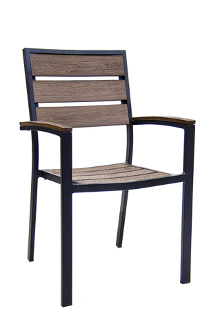 Outdoor Arm Chair - Black Aluminum Frame and Light Brown Composite Teak Slats #E54A