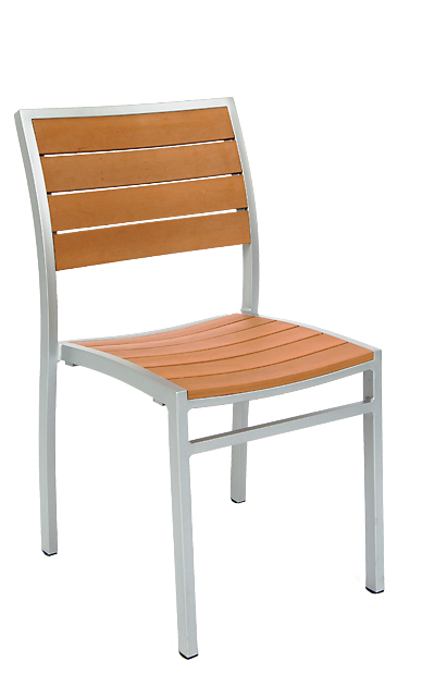 Aluminum Outdoor Side Chair with Silver Frame, Tan Composite Teak Slats E-53