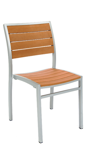 Aluminum Outdoor Side Chair with Silver Frame, Tan Composite Teak Slats E-53