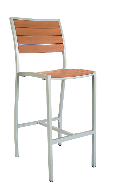 Outdoor Silver Aluminum Frame Bar Stool with Tan Composite Teak Slats #E53