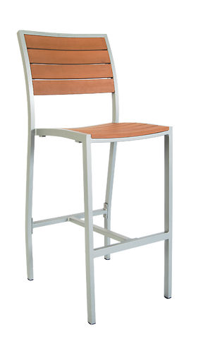 Outdoor Silver Aluminum Frame Bar Stool with Tan Composite Teak Slats #E53