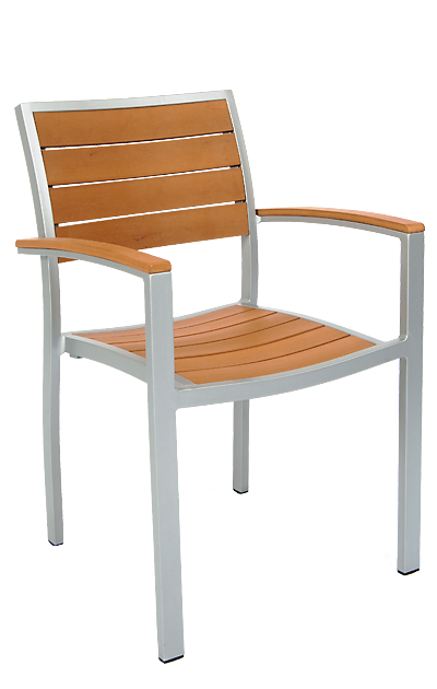 Outdoor Arm Chair - Silver Aluminum Frame and Tan Composite Teak Slats #E54