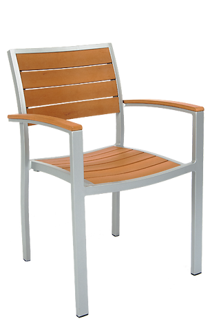 Outdoor Arm Chair - Silver Aluminum Frame and Tan Composite Teak Slats #E54