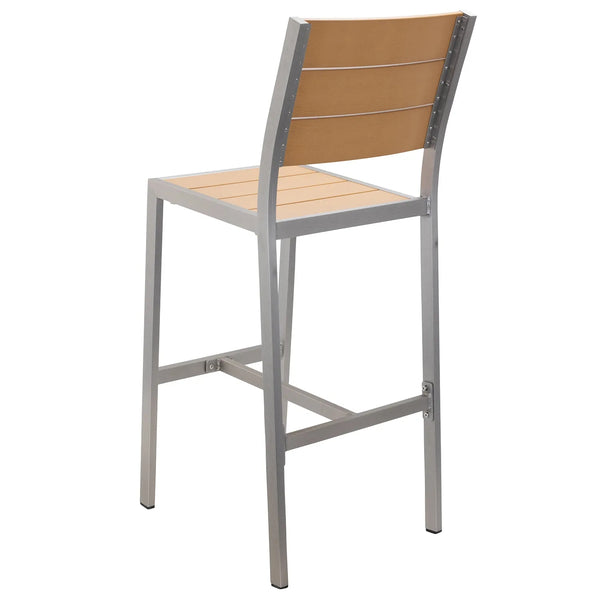 Outdoor Silver Aluminum Frame Bar Stool with Tan Composite Teak Slats #G88