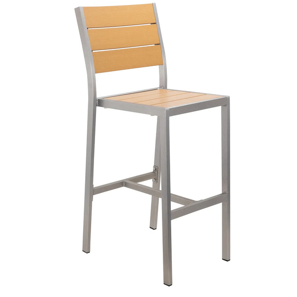 Outdoor Silver Aluminum Frame Bar Stool with Tan Composite Teak Slats #G88