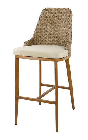 Outdoor Aluminum Bar Stool In Wood Grain Finish with Wicker Woven Back & Ivory Seat E02BS