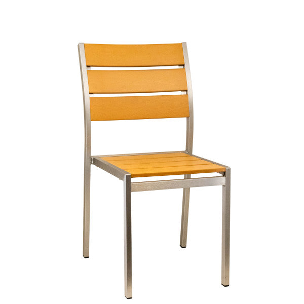 Aluminum Outdoor Side Chair with Silver Frame, Tan Composite Teak Slats