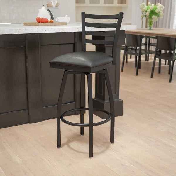 Swivel Ladder Back Metal Restaurant Barstool with Black Vinyl Seat