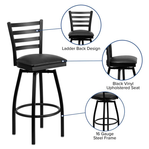 Swivel Ladder Back Metal Restaurant Barstool with Black Vinyl Seat