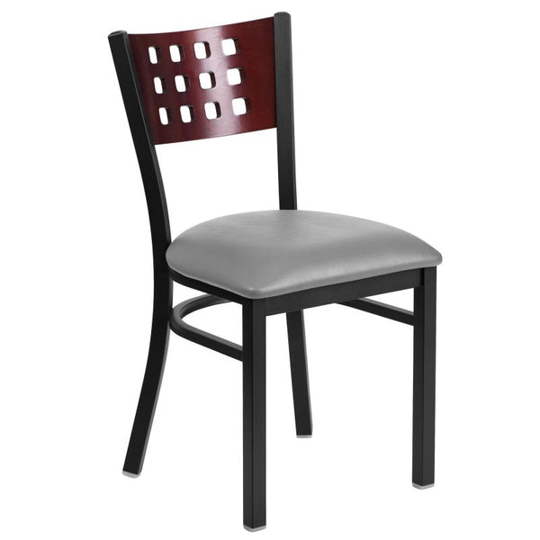 12 SQUARE BACK METAL RESTAURANT CHAIR - MAHOGANY WOOD BACK, BLACK VINYL SEAT