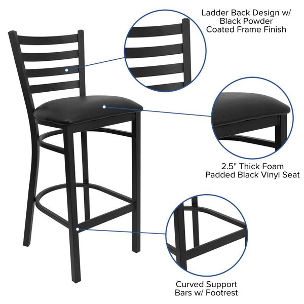 Ladder Back Metal Restaurant Barstool with Black Vinyl Seat