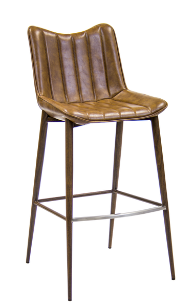 Indoor Metal Frame Bar Stool w/ Woodgrain Legs & Brown Channeled Bucket Seat