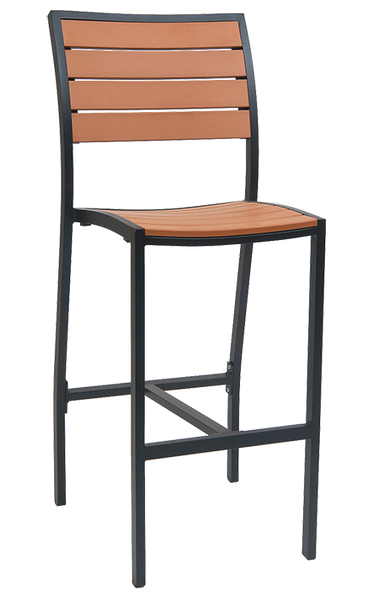 Outdoor/Indoor Aluminum Bar Stool with Synthetic Brown Teak Wood Slats #EV-73B-BS