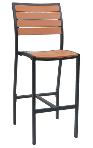 Outdoor/Indoor Aluminum Bar Stool with Synthetic Brown Teak Wood Slats #EV-73B-BS