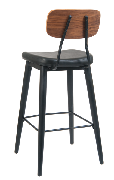 Black Metal Frame Bar Stool w/ Wood Back & Black Vinyl Seat