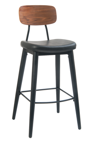 Black Metal Frame Bar Stool w/ Wood Back & Black Vinyl Seat