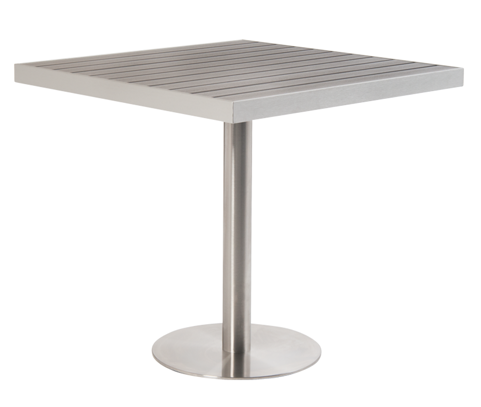 31.5" x 31.5" Aluminum Outdoor Table Grey Finish with Composite Teak Slats and Stainless Steel Base  No Umbrella Hole#E-3636GTS - Restaurant Chairs Direct.COM