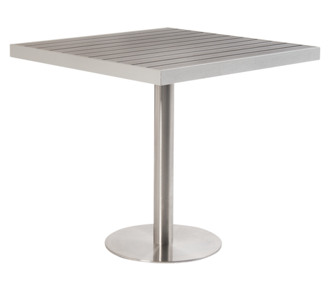 31.5" x 31.5" Aluminum Outdoor Table Grey Finish with Composite Teak Slats and Stainless Steel Base  No Umbrella Hole#E-3636GTS - Restaurant Chairs Direct.COM