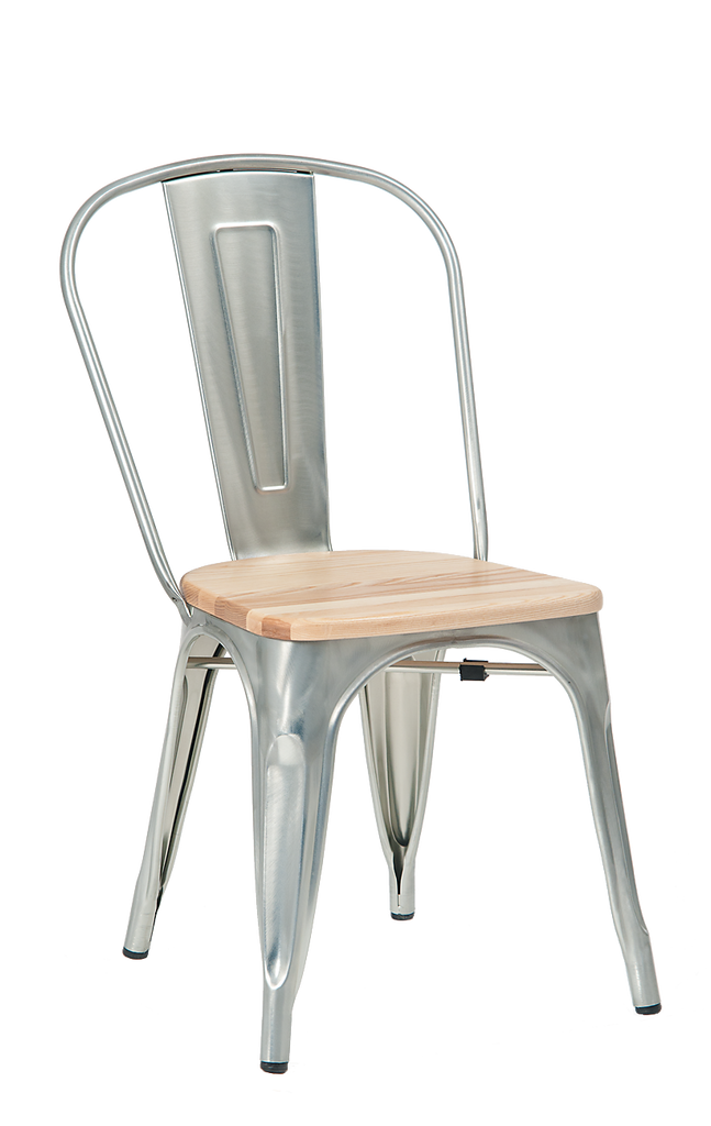 Tolix Style Brushed Zinc Metal Chair w/ Natural Wood Seat #E240W - Restaurant Chairs Direct.COM