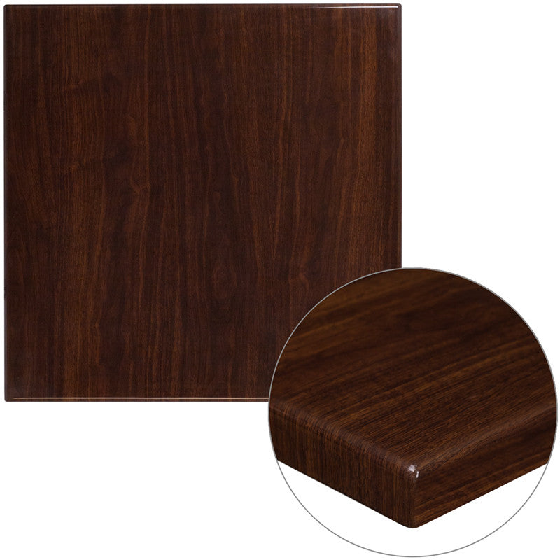 30" Square High-Gloss Walnut Resin Table Top with 2'' Thick Edge - Restaurant Chairs Direct.COM