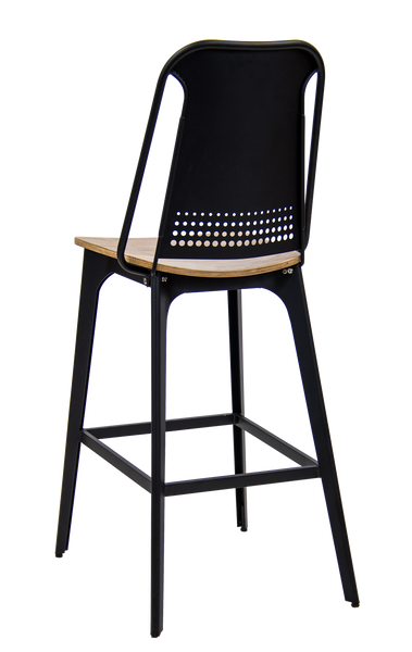 Indoor Black Metal Frame Bar Stool w/ Wood Seat and Vented Back