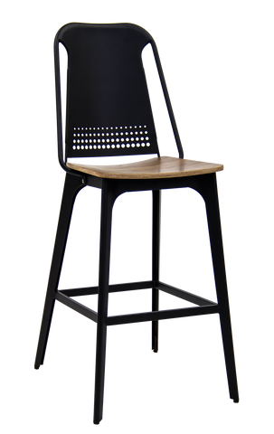 Indoor Black Metal Frame Bar Stool w/ Wood Seat and Vented Back